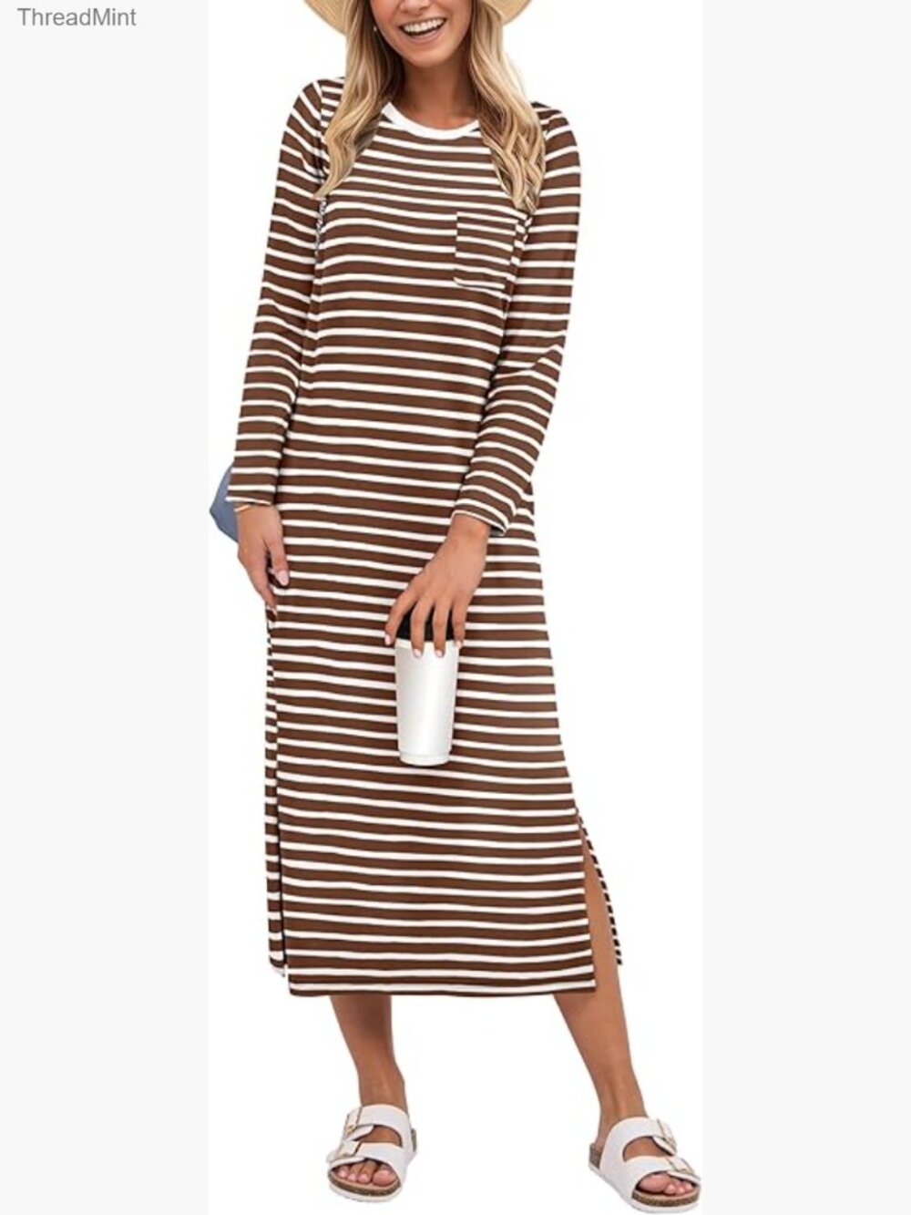 3/4 Sleeve Striped Midi T-Shirt Dress - Summer Casual